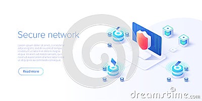 Network data security isometric vector illustration. Online server protection system concept with datacenter or blockchain. Secure Vector Illustration