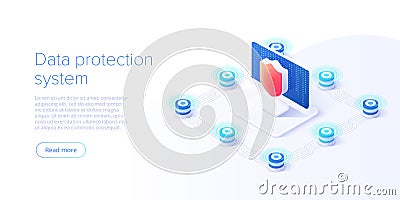 Network data security isometric vector illustration. Online server protection system concept with datacenter or blockchain. Secure Vector Illustration