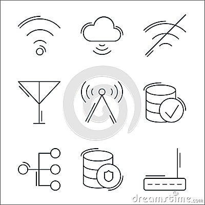 Network and database line icons. linear set. quality vector line set such as router, database, conection, database, antenna, no Vector Illustration