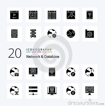 20 Network And Database Solid Glyph icon Pack like information analysis setting upload smartphone Vector Illustration