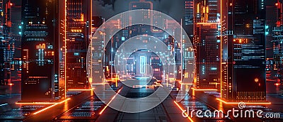 A network of devices in a digital fortress demonstrating secure protocols for data protection. Stock Photo