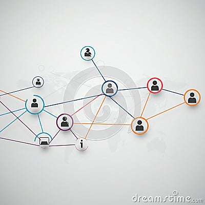 Network diagram with interconnected nodes on a light gray background. Each node Stock Photo