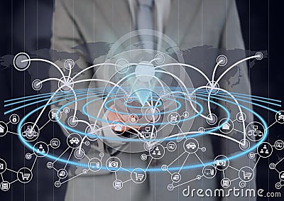 Network of digital icons over world map against mid section of businessman Stock Photo