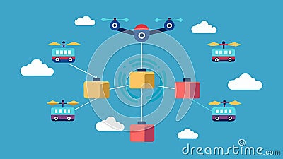 A network of drones carrying products guided by realtime data analysis to avoid congested delivery routes.. Vector Cartoon Illustration