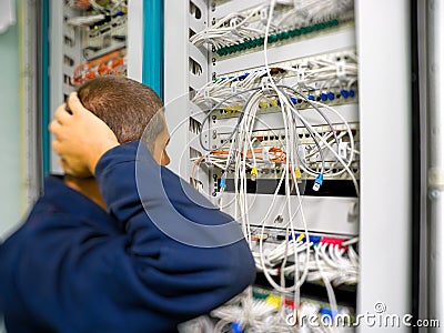 Network engineer is solving communication problem Stock Photo