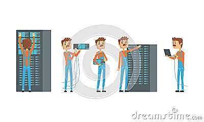 Network Engineer Working in Data Center Set, Computer Technician or System Administrator Involved in Maintenance of Vector Illustration