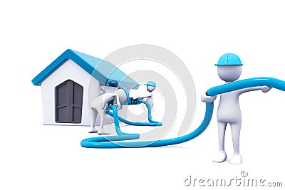 Network engineers connecting cables to home Stock Photo