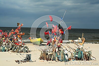 Network fishing on the beach and boats 1 Stock Photo