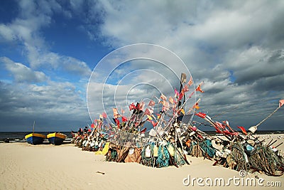 Network fishing on the beach and boats 4 Stock Photo