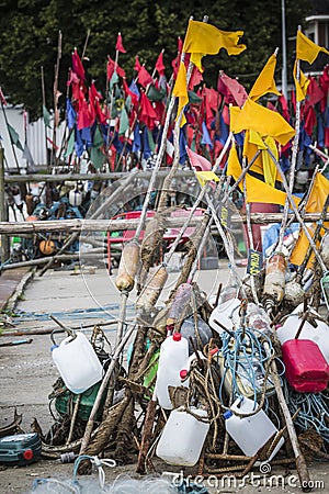 Network fishing drying on the beach in sunny day. Baltic Sea and Editorial Stock Photo