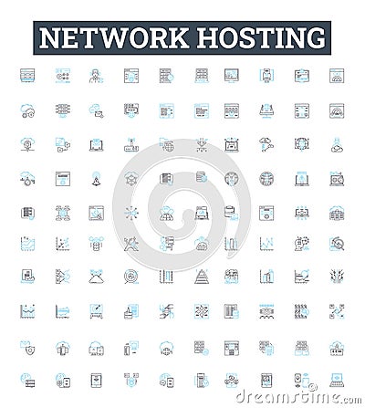 Network hosting vector line icons set. Webhosting, Cloudhosting, Networking, Colocation, Shared, Dedicated, Domains Vector Illustration