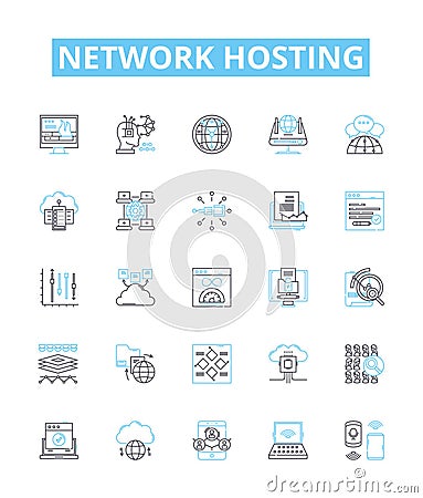 Network hosting vector line icons set. Webhosting, Cloudhosting, Networking, Colocation, Shared, Dedicated, Domains Vector Illustration