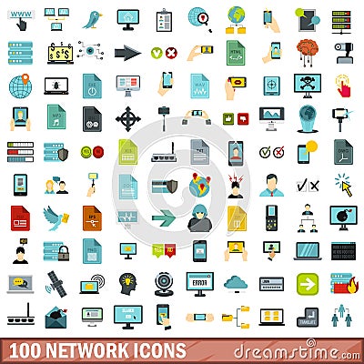 100 network icons set, flat style Vector Illustration