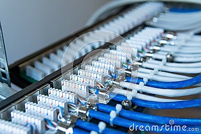 Network installation. Network cable on a network HUB. lan cable management Stock Photo