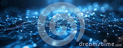 A network of interconnected blue glowing nodes and lines forming a complex digital web, illustrating data connections and advanced Stock Photo