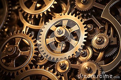 Network of interconnected brass gears showcases the complexity and interdependence. AI Generated Stock Photo