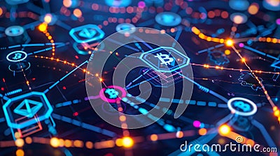 A network of interconnected circles and squares each representing a different cryptocurrency with lines connecting them Stock Photo