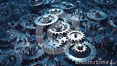 A network of interconnected gears, with each gear representing a different aspect of the digital ecosystem, emphasizing the Stock Photo