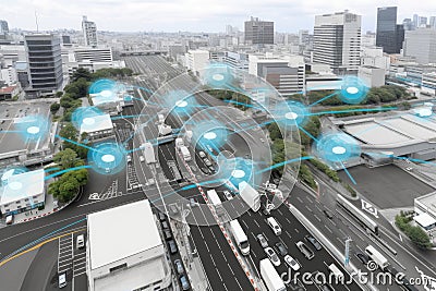 network of interconnected iot sensors, providing real-time data on traffic congestion and weather conditions Stock Photo