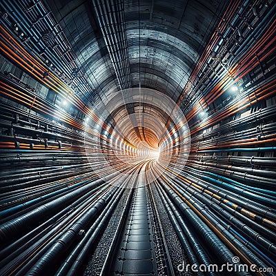 Colorful electrical cables form tunnel, light converges in center. Striking visual., generative ai Stock Photo