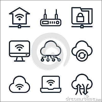network line icons. linear set. quality vector line set such as data transfer, laptop, wifi, update, connection, computer, folder Vector Illustration