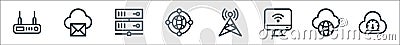 Network line icons. linear set. quality vector line set such as speed, cloud, computer, antenna, world, online server, email Vector Illustration