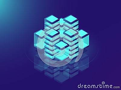 Network or mainframe infrastructure, server room and datacenter, futuristic supercomputer, isometric vector illustration Vector Illustration