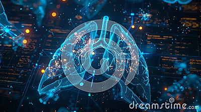 A network of nanosized sensors p throughout the respiratory system connected to a 6G network for early detection and Stock Photo