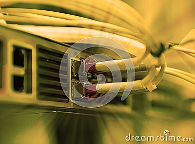 Network optical fiber cables and hub Stock Photo