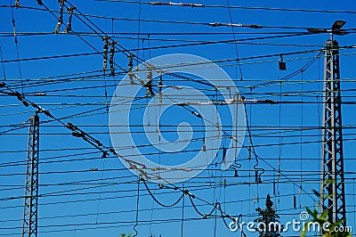 Overhead contact lines at the Frankfurt Heddernheim underground depot. Stock Photo