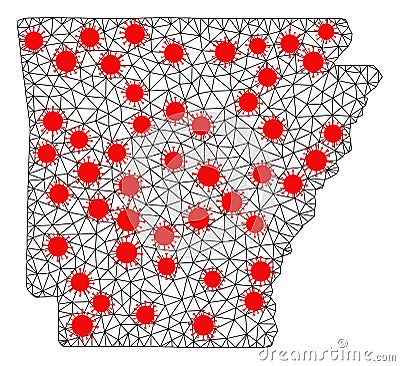 Network Polygonal Map of Arkansas State with Red Covid Nodes Vector Illustration