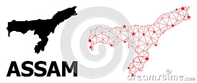 Network Polygonal Map of Assam State with Red Stars Vector Illustration