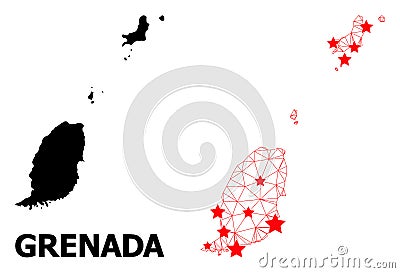 Network Polygonal Map of Grenada Islands with Red Stars Vector Illustration