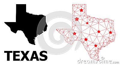 Network Polygonal Map of Texas State with Red Stars Vector Illustration
