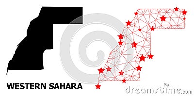 Network Polygonal Map of Western Sahara with Red Stars Vector Illustration