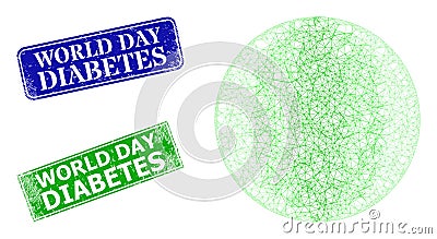 Grunged World Day Diabetes Seals and Triangle Mesh Round Sphere Icon Vector Illustration