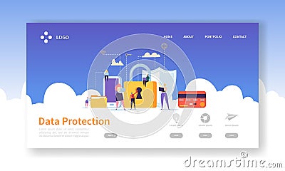Network Security Landing Page. Data Protection Banner with Flat People Characters and Digital Data Secure Website Vector Illustration