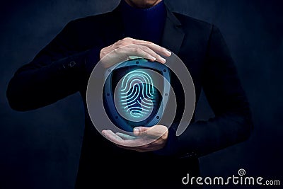 Network Security System Concept, Fingerprint inside a Shield Guard to Protected Identify of User or Personal Information, Present Stock Photo