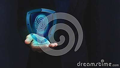 Network Security System Concept, Fingerprint inside a Shield Guard to Protected Identify of User or Personal Information, Present Stock Photo
