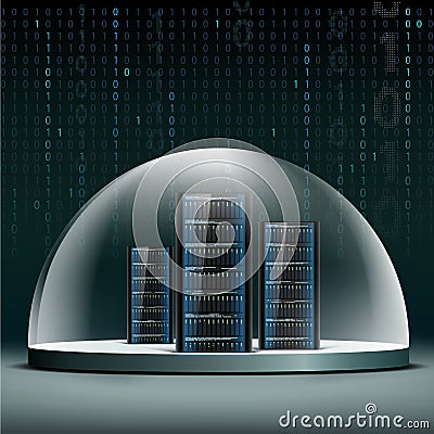 Network servers under a glass dome. Security database from hacker attacks. Vector Illustration