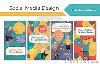 Network set with senior fitness class promotion Vector Illustration