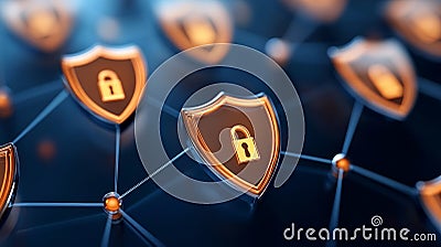 Network shield and padlock icons interconnected in a glowing web structure, symbolizing secure communications, firewall technol Cartoon Illustration