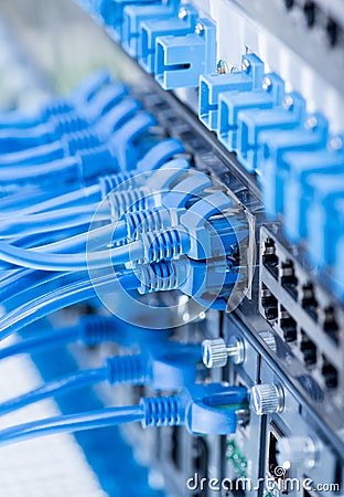 Network switch and ethernet cables,Data Center Concept Stock Photo