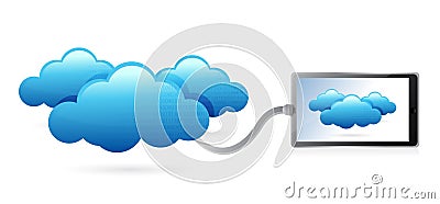 Network tablet connecting with clouds Cartoon Illustration