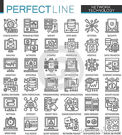 Network technology outline concept symbols. Perfect thin line icons. Big data Modern stroke linear style illustrations Vector Illustration
