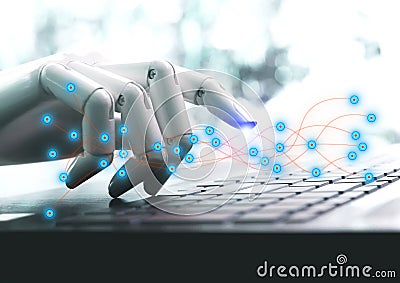 Network technology robot concept or robot hand chatbot pressing computer keyboard Stock Photo