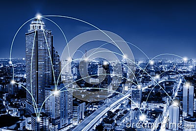 Network Telecommunication and Communication Connect Concept, Connection 5G Networking System of Infrastructure and Cityscape at Stock Photo