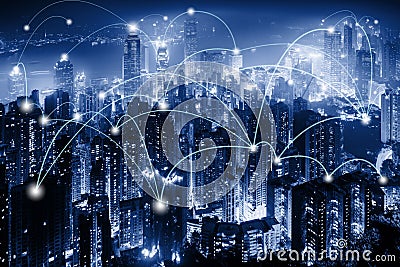 Network Telecommunication and Communication Connect Concept, Connection 5G Networking System of Infrastructure and Cityscape at Stock Photo