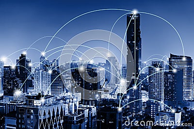 Network Telecommunication and Communication Connect Concept, Connection 5G Networking System of Infrastructure and Cityscape at Stock Photo