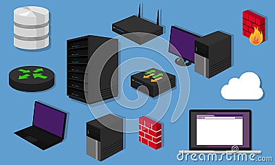 Network topology LAN objects icon design router server networking hardware switch Vector Illustration